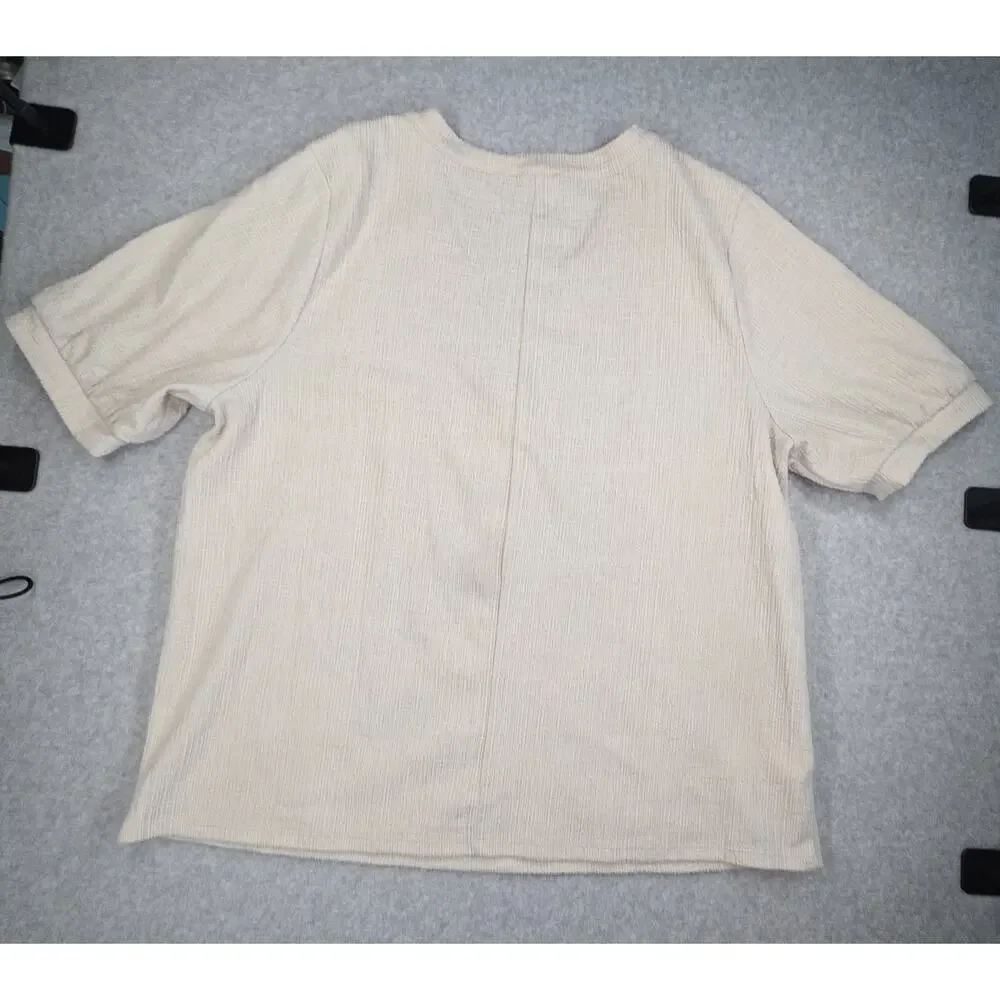 LOFT Outlet Henley Blouse Oatmeal Heather Puff Sleeve V-Neck XL Extra Large